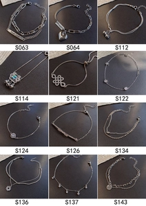 Detailed grid showing silver titanium steel bracelets with heart charms and luck engravings