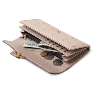 Pale pink long floral PU leather wallet with multiple card slots and zip pocket