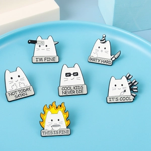 Funny white cartoon cat enamel pins set featuring humorous puns and knives for outfits