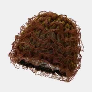 Elegant brown lace turban hat with gold glitter pleats and wavy tiered texture design