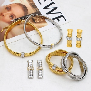 Hip hop titanium steel jewelry set featuring spiral snake chain with zircon clasp