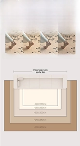 Rug size chart showing various dimensions next to a sofa under different lighting effects
