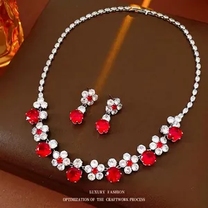 Floral Zirconia Pendant Necklace And Earrings Jewelry Copper Palace Retro Style Elegant Women