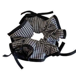 Retro black and white plaid scrunchie with ribbon bow tie hair accessory