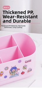Detailed view of pink multi-grid desk organizer with cute stickers and durable material