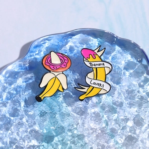 Creative fruit alloy banana enamel pins with doughnut design on blue crystal base