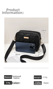 Detailed size view of black quilted crossbody bag measuring 18x14x6cm with phone inside