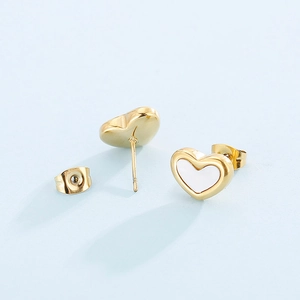 Elegant gold heart earrings with white mother of pearl inlay and butterfly backings