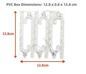 Close-up of six silver Christmas candy cane ornaments in a transparent PVC box