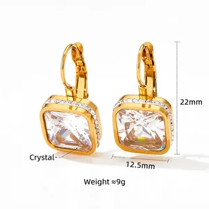 Classic gold stainless steel earrings with square emerald-cut crystals and pavé halo