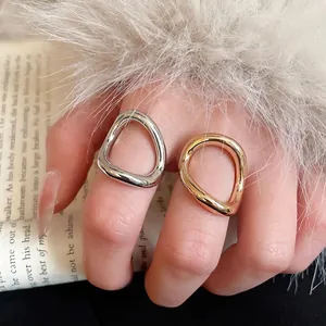 Irregular Geometric Alloy Ring For Women Minimalist Liquid Metal Style Open Adjustable Polished Fashion Jewelry