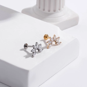 G23 titanium internally threaded labret studs with marquise zircon leaf arrangement