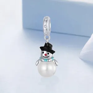 Cute S925 sterling silver snowman bead with blue scarf and hat for Christmas DIY jewelry