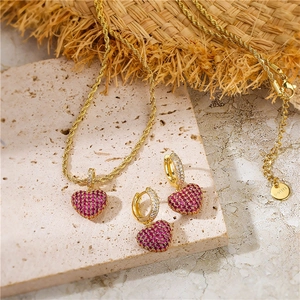 Fashion Stainless Steel Peach Heart Jewelry Necklace And Earrings Encrusted Colorful Rhinestones Trendy Accessory For Women