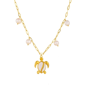 Collier en acier doré avec pendentif tortue, perles blanches et incrustation de nacre