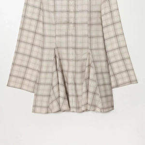 Plaid V-neck mini dress with flare sleeves and cinched waist in beige and coffee brown