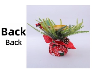 Rear view of small Christmas candle holder with red berries, pine needles and pine cones