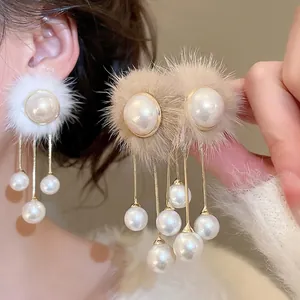 Faux Fur Pom Pom Long Tassel Earrings With Imitation Artificial Pearl And Silver Earring Post Elegant Autumn Winter Jewelry Women
