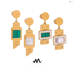 Vintage Gold Plated Titanium Steel Geometric Pendant Earrings For Women Luxury Rhinestone Shell Inlaid Square Drop Earrings Fashion Jewelry Gift