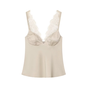 Elegantes beiges Satincamisole mit Wimpernspitzen-V-Ausschnitt und seidiger Textur