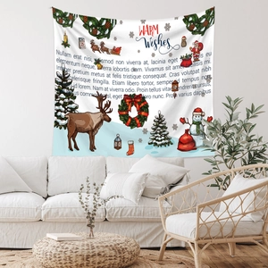 Modern living room featuring a Christmas tapestry with reindeer and festive motifs