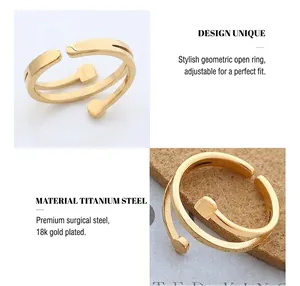 Macro detail of 18K gold plated titanium steel ring with double layer geometric design