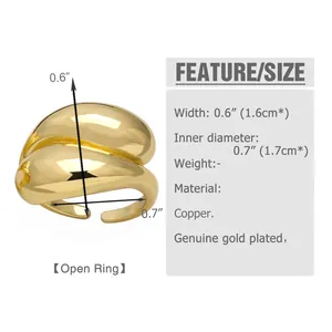 Size chart showing width and diameter for gold plated feather wing open ring