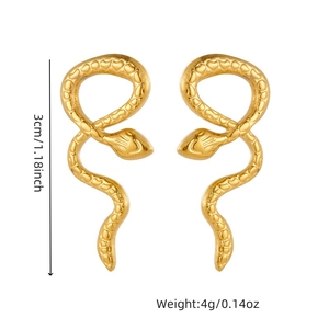 Golden stainless steel snake earrings with size 3cm and weight 4g shown on white background