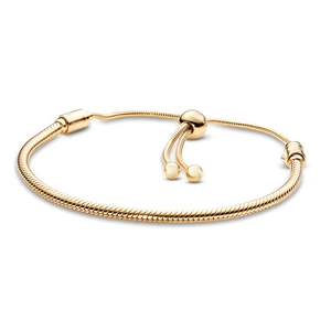 Adjustable gold snake chain bracelet with slider bead closure on white background
