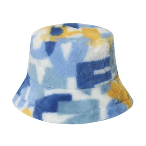 Plush faux rabbit fur bucket hat with colorful LOVE letter pattern and geometric design