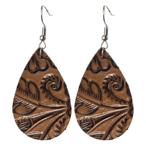 Retro brown embossed leather teardrop earrings with silver hooks for a minimalist style