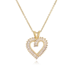 Elegant gold heart pendant necklace with baguette-cut cubic zirconia on a minimalist O-chain