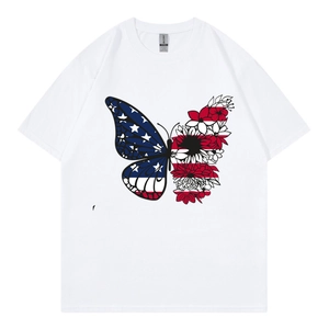 White cotton t-shirt with patriotic butterfly graphic featuring US flag stars and flowers