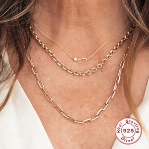 Three-layer 925 sterling silver paperclip and gemstone necklace set for women