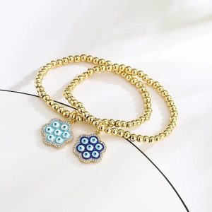Evil Eye Flower Pendant Bracelet Copper 18K Gold Plated Zircon Enamel Gold Beaded Boho Luxury Jewelry For Women