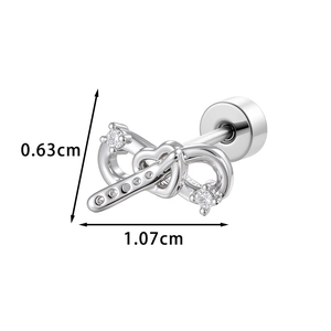 Silver infinity stud earring with sparkling cubic zirconia and dimensions measurement