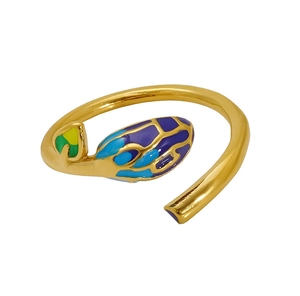 Detailed macro view of colorful enamel sprout design on a golden adjustable leaf ring