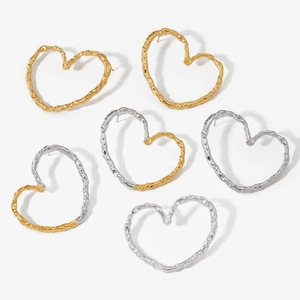 Hollow Heart Earrings 316 Stainless Steel PVD Gold Plated Hammered Texture Irregular Liquid Lava Style For Women