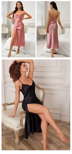 Detail of satin slip nightdress featuring thin straps, V-neck, and high side slit design