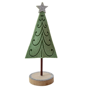 Mini sapin de Noël en feutre vert sur base en bois avec étoile argentée pour le bureau