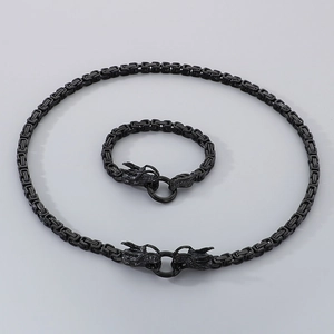 Detail of 6mm black stainless steel Byzantine chain with dragon head clasps for men