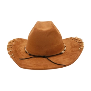 Brown suede western cowboy hat featuring gold chain trim on brim and crown band