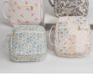 Detailed view of quilted cotton book storage bags in floral and bow patterns