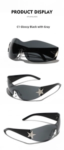 Three-angle display of wrap-around Y2K sunglasses with silver star detail on black frame