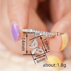 Exquisite butterfly pendant ring with sparkling cubic zirconia on silver plating band