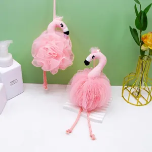 Cartoon Flamingo Animal Shape Bath Ball Loofah Sponge PE Mesh Shower Scrubber With Hanging Rope For Kids Soft Fun