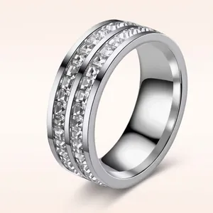 Silver stainless steel double row square zircon ring with sparkling channel setting stones