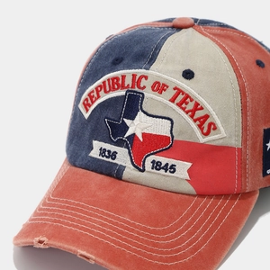 Detail of Republic of Texas vintage colorblock baseball cap with embroidery and distressed brim