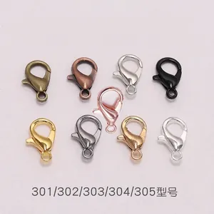 DIY alloy lobster claw clasps for jewelry making in nine metallic colors, sizes 301 to 305