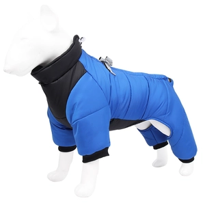 Side view of waterproof blue reflective dog winter coat on a white canine mannequin
